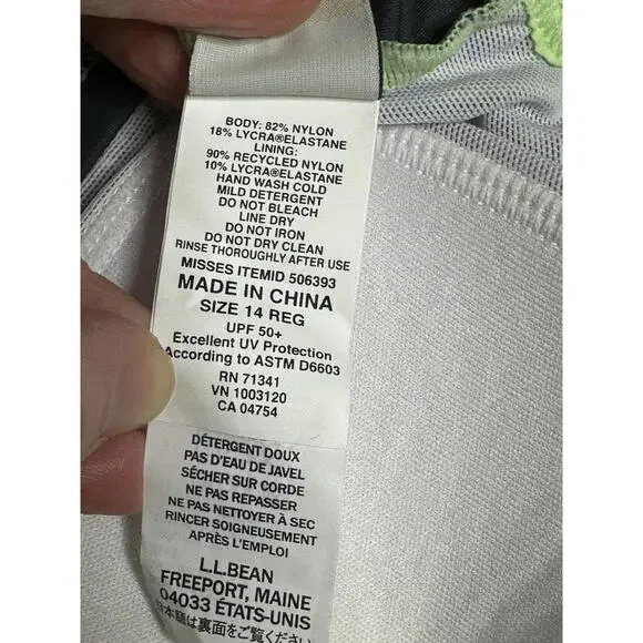 LL Bean One Piece Size 14 Green Blue Leaf Print Tank Swimsuit UPF 50+ New - Picture 4 of 4